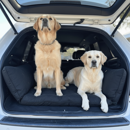 Golden Retrievers in a premium fabric SUV dog bed with waterproof liner for road trips
