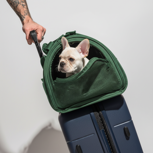 Green pet carrier with a small white dog peeking out, held by a person over a blue suitcase.