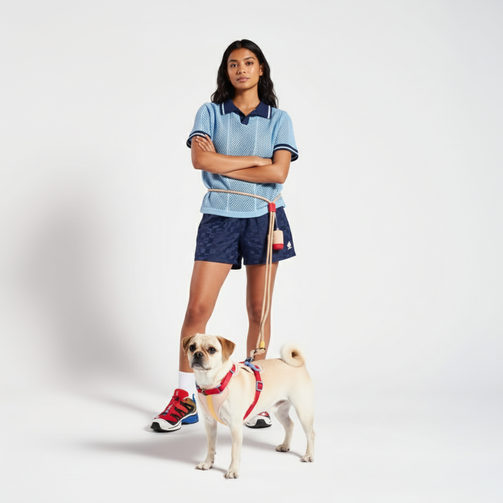 Woman in sports attire with a hands free dog leash on a white background