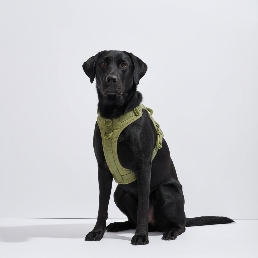 Black dog wearing a green harness on a white background