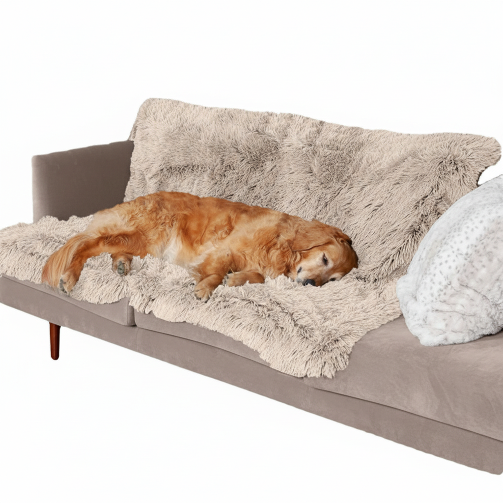 Golden Retriever lying on a pet blanket protecting furniture 