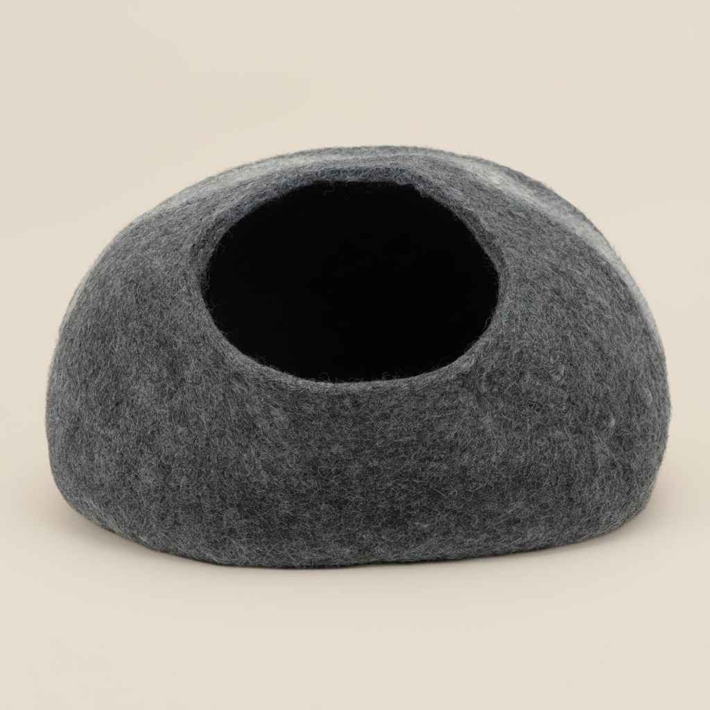 Cat bed cave with modern stripe design - premium wool felt construction for comfort