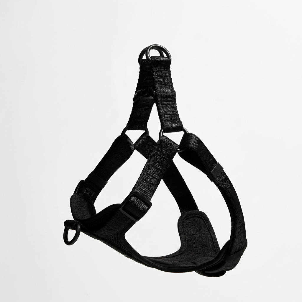 Black dog harness on a light gray background