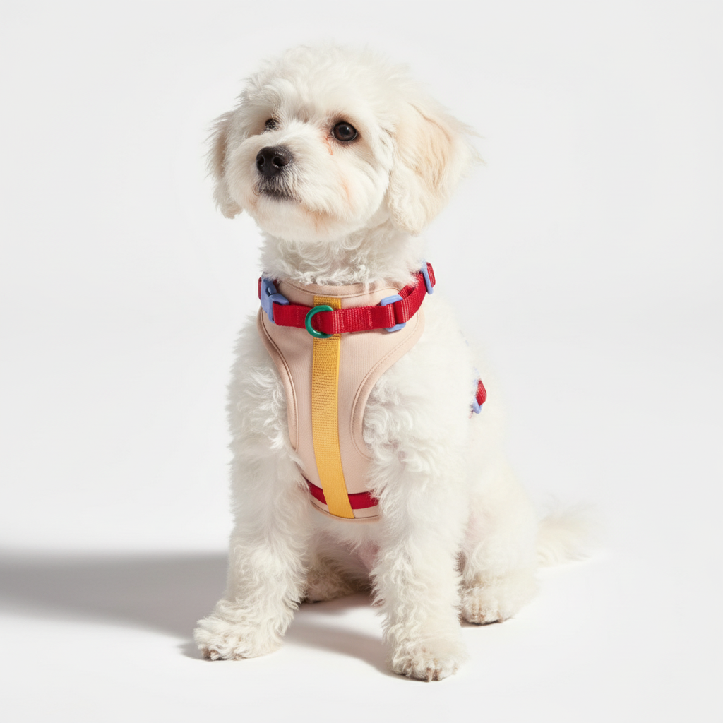 White dog wearing a colorful harness on a light background