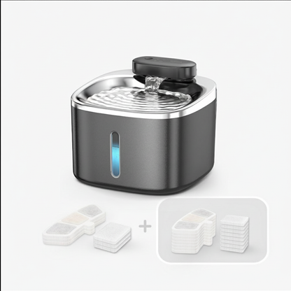 Stainless steel water fountain with additional filters on a white background